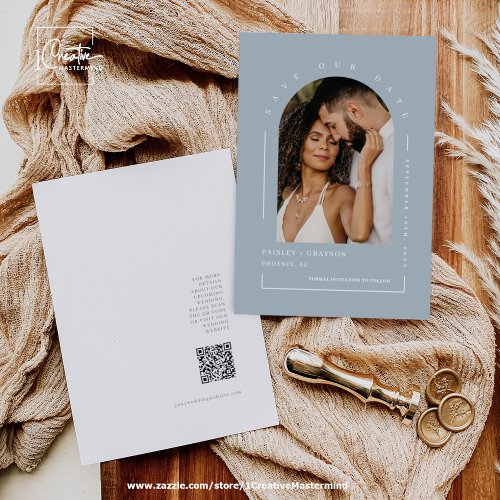 Dusty Blue Boho Arch Photo QR Code Save Our Date Invitation