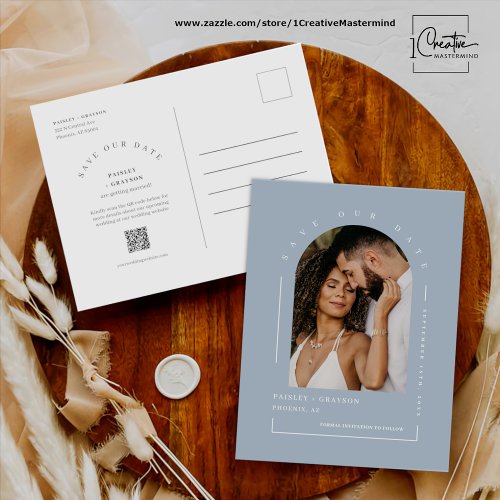 Dusty Blue Boho Arch Photo QR Code Save Our Date Postcard