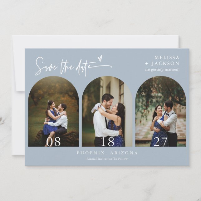 Dusty Blue Boho Arch Photo QR Code Save the Date Invitation (Front)
