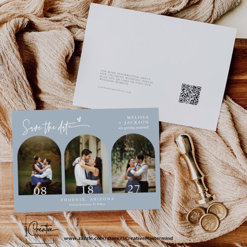 Dusty Blue Boho Arch Photo QR Code Save the Date Invitation