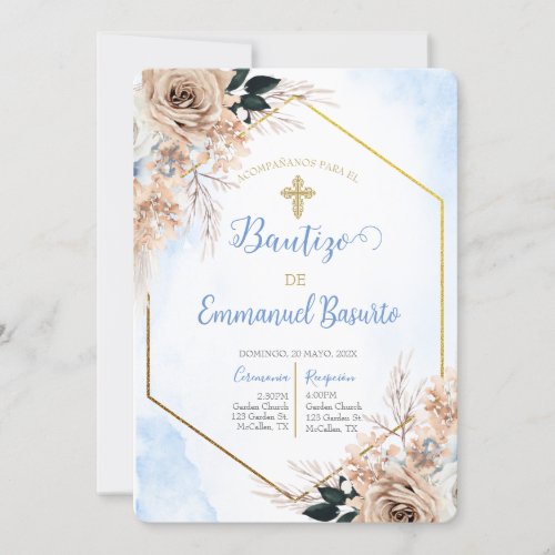 Dusty blue boho baptism invitation 