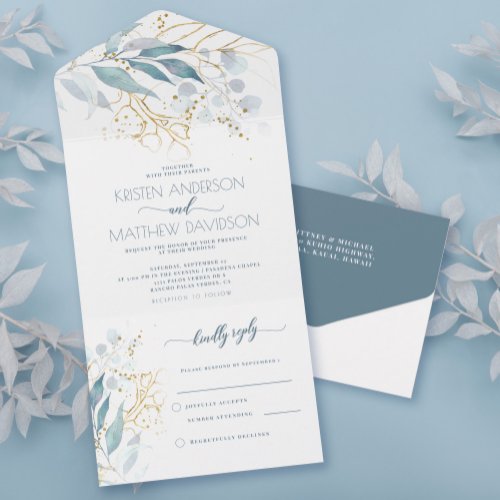 Dusty Blue Boho Botanical Watercolor Wedding All In One Invitation