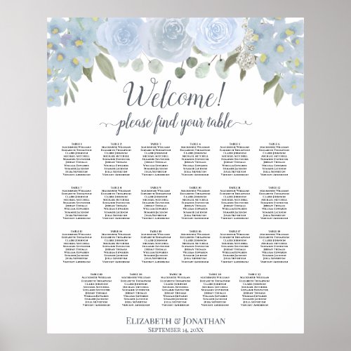 Dusty Blue Boho Chic Roses 23 Table Seating Chart