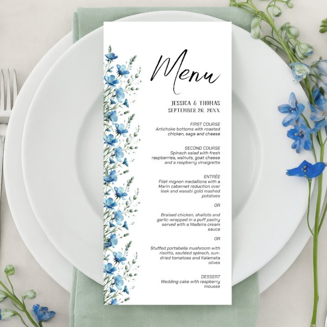 Dusty Blue Boho Chic Wildflowers Elegant Wedding Menu (Creator Uploaded)