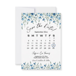 Dusty Blue Boho Chic Wildflowers Wedding Calendar Save The Date
