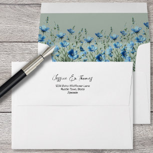 Dusty Blue Boho Chic Wildflowers White Wedding Envelope
