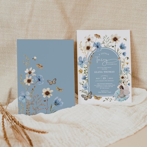 Dusty Blue Boho Fairy Wildflower Girl Baby Shower Invitation