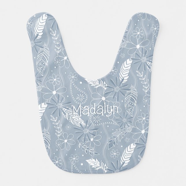 dusty blue boho feathers flowers paislies monogram baby bib (Front)