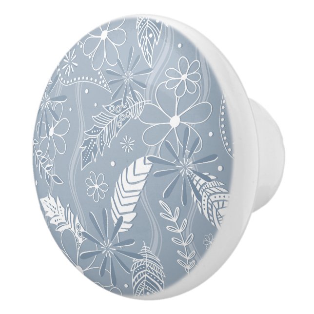 dusty blue boho feathers flowers paislies monogram ceramic knob (Right)