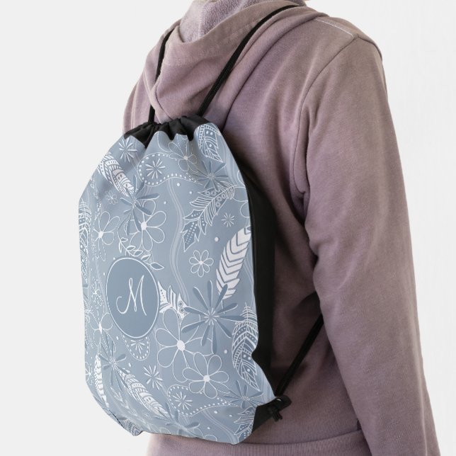dusty blue boho feathers flowers paislies monogram drawstring bag (Insitu)