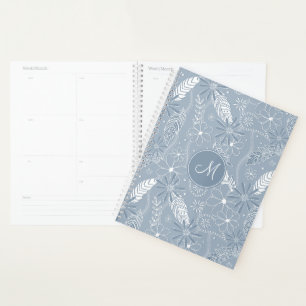 dusty blue boho feathers flowers paislies monogram planner