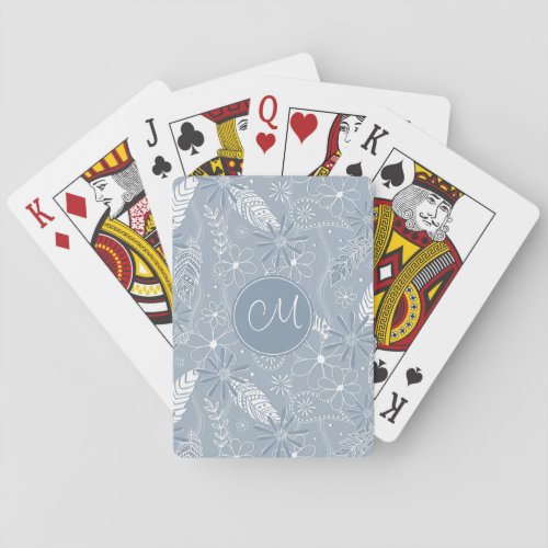 dusty blue boho feathers flowers paislies monogram poker cards