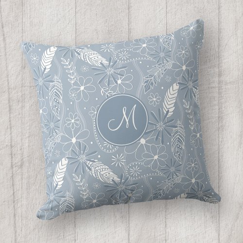 dusty blue boho feathers flowers paislies monogram throw pillow