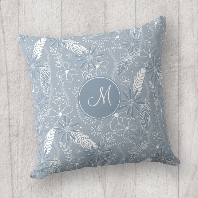 dusty blue boho feathers flowers paislies monogram throw pillow (Boho doodle pattern on dusty blue pillow with custom monogram)