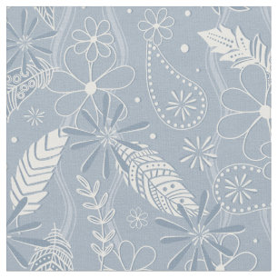 dusty blue boho feathers flowers paislies pattern fabric