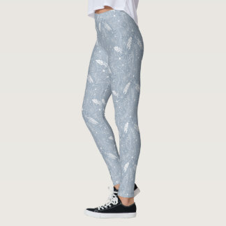 dusty blue boho feathers flowers paislies pattern leggings
