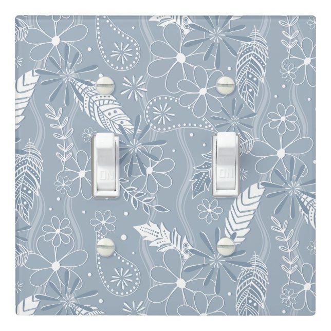 dusty blue boho feathers flowers paislies pattern light switch cover (In Situ)