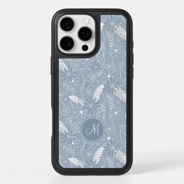 dusty blue boho feathers flowers paislies pattern otterbox iPhone case (Back)
