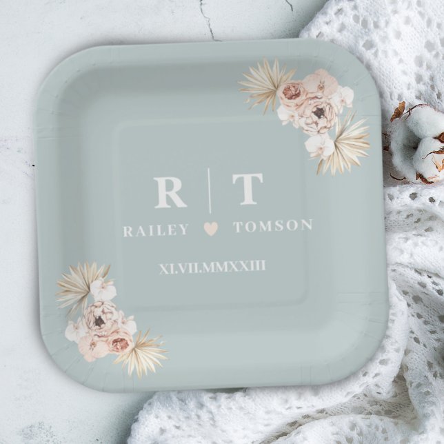 Dusty Blue Boho Floral Elegant Wedding Monogram  Paper Plates (Creator Uploaded)
