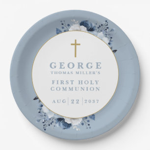 Dusty Blue Boho Floral First Holy Communion Paper Plates
