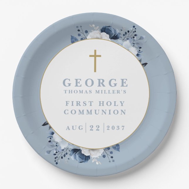Dusty Blue Boho Floral First Holy Communion Paper Plates (Front)