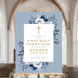 Dusty Blue Boho Floral Holy Communion Welcome Sign