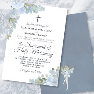 Dusty Blue Boho Floral Modern Catholic Wedding Invitation
