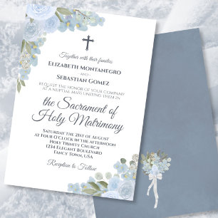 Dusty Blue Boho Floral Modern Catholic Wedding Invitation
