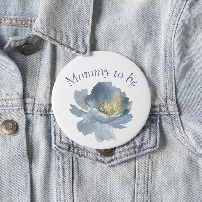 Dusty Blue Boho Floral Mommy to be 4"  Button (In Situ)