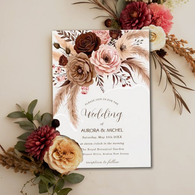 Dusty Blue Boho Floral Pampas Grass Wedding Invitation (Creator Uploaded)