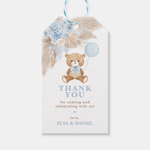Dusty Blue Boho Floral Pampas Teddy Bear Baby Gift Tags
