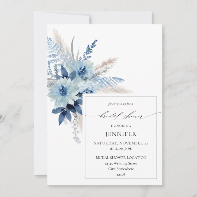 Dusty Blue Boho Floral Ring Bridal Shower 2 Invitation (Front)