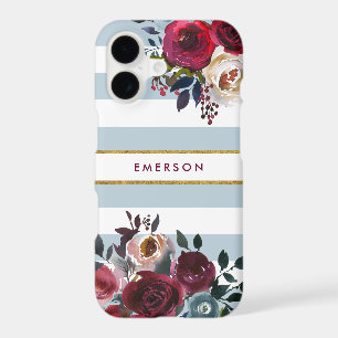 Dusty Blue Boho Floral Stripe Monogram iPhone 17 Case