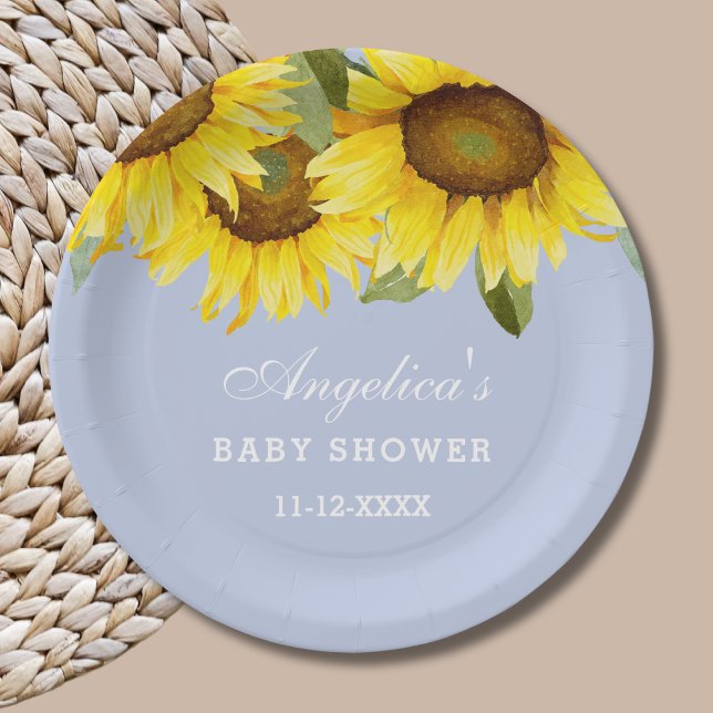 Dusty Blue Boho Floral Sunflower Baby Girl Shower Paper Plates (Creator Uploaded)