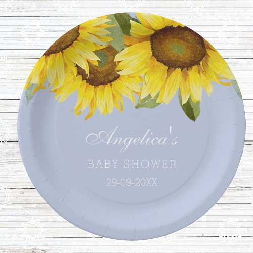 Dusty Blue Boho Floral Sunflower Baby Girl Shower Paper Plates
