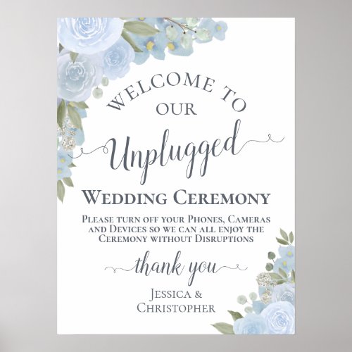Dusty Blue Boho Floral Unplugged Wedding Ceremony Poster