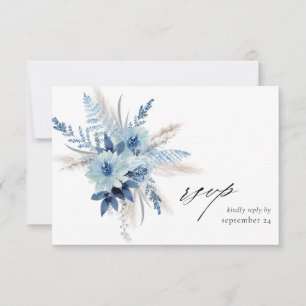 Dusty Blue Boho Floral w Meal RSVP Card 2
