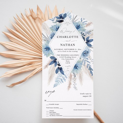 Dusty Blue Boho Floral Wedding All In One Invitation