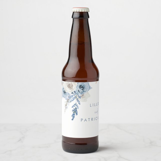 Dusty Blue Boho Floral Wedding Beer Bottle Label (Front)