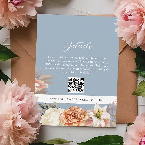Dusty Blue Boho Floral Wedding Details QR Code Enclosure Card