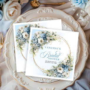 Dusty blue boho florals gold glitter bridal shower paper dinner napkins