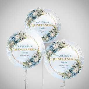 Dusty blue boho florals gold glitter quinceañera  balloon