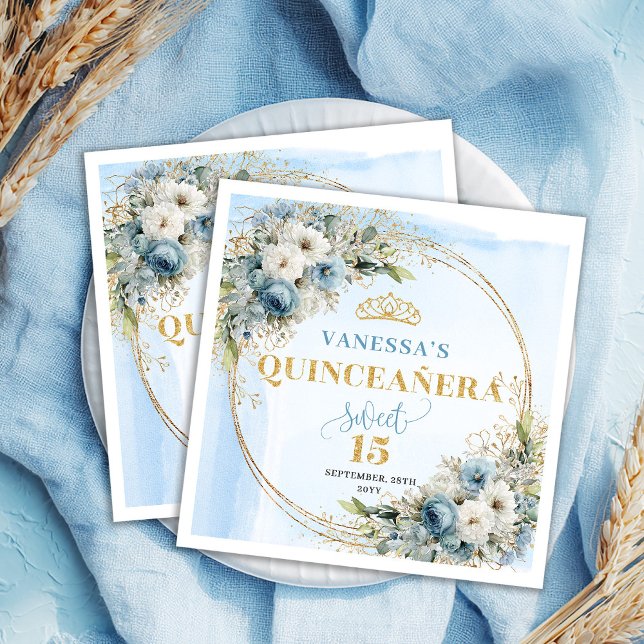 Dusty Blue Boho Greenery Gold Glitter Quinceañera  Napkins (Dusty Blue Boho Greenery Gold Glitter Quinceañera Napkins)