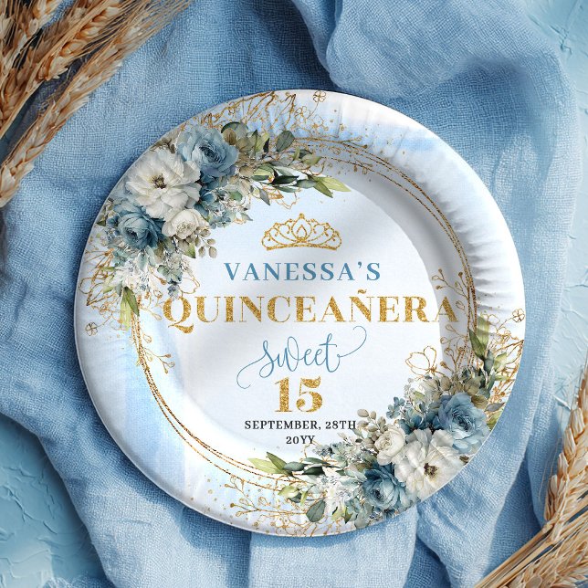 Dusty Blue Boho Greenery Gold Glitter Quinceañera  Paper Plates (Dusty Blue Boho Greenery Gold Glitter Quinceañera Plates)