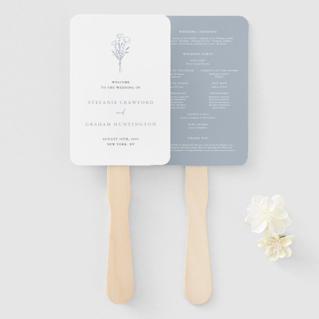 Dusty Blue Boho Minimalist Botanicals Wedding Hand Fan (Front and Back)