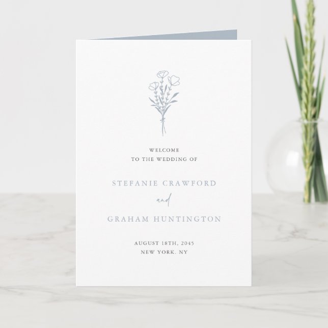 Dusty Blue Boho Minimalist Botanicals Wedding Program (Front)