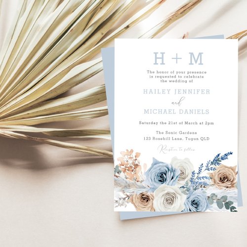 Dusty Blue Boho Monogram Wedding Invitation