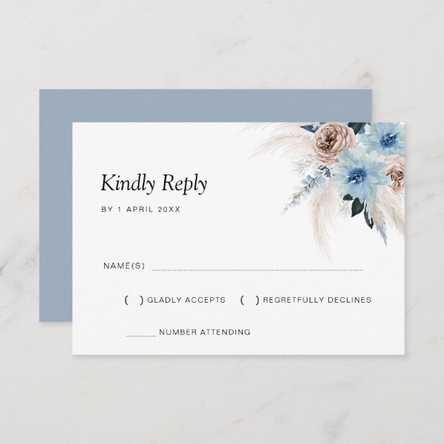dusty blue boho pampas floral RSVP card (Front/Back)