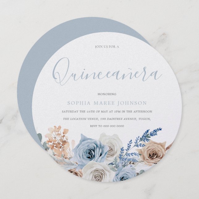 Dusty Blue Boho Pear Shimmer Quinceanera Party Invitation (Front/Back)