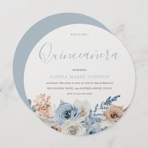 Dusty Blue Boho Pear Shimmer Quinceanera Party Invitation